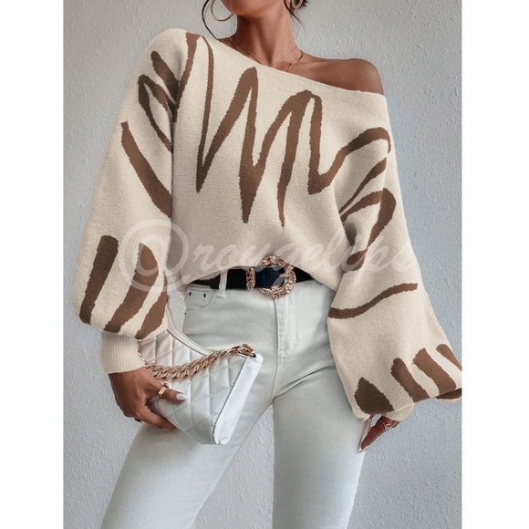 Knit Graphic Pullover Sweater Beige Brown Bishop Sleeve Stretchy - Picture 2 of 11